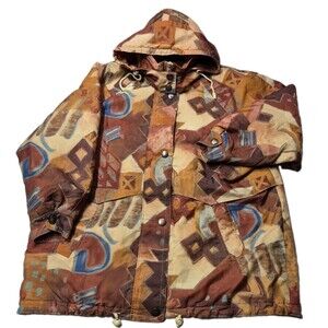 Vtg 80s Rodeo Abstract Geometric Earth Tone Hooded Ski Parka Jacket Rare Print